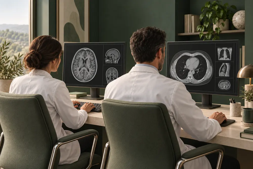 Illustration of two doctors seated at a radiology workstation, reviewing scans and reporting